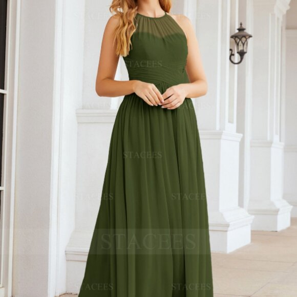 *UNOPENED* STACEES Long A-line Halter Chiffon *Olive* Bridesmaid Dress W/ Pleats - Picture 4 of 4